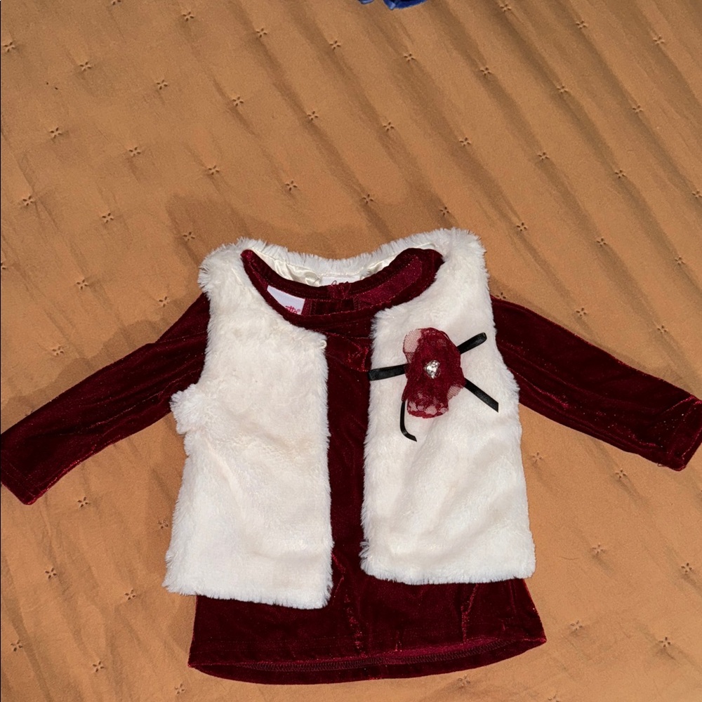 Chic Kids Burgundy Dress with White Faux Fur Vest